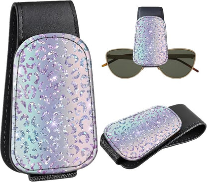 Leather Magnetic Sunglass Holder for Car Sun Visor, Cute Eyeglass Ticket Card Hanger Clip, Universal Auto Interior Accessories for SUV Pickup Truck, Holographic Leopard by Unknown