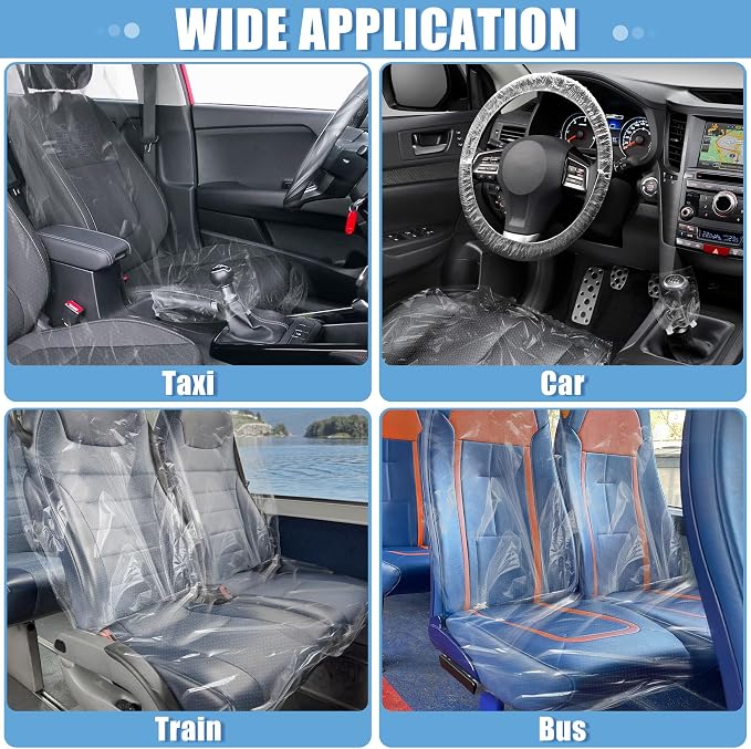 MYFAMIREA 250 PCS Disposable Car Seat Covers Clear Plastic Vehicle Seat Protector Set with Steering Wheel, Gear Shift and Handbrake Covers, Universal for Cars Auto Truck Bus Airplane - Image 7