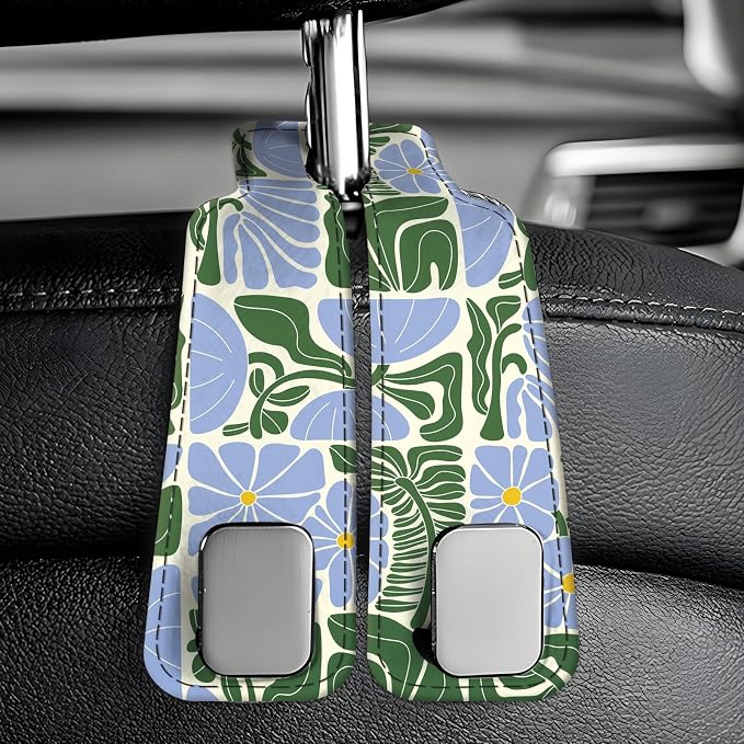 Car Seat Back Storage Headrest Hook, Premium Leather Double Metal Hook, Hanger Storage Organizer for Purse Cloth Bag, Car Interior Accessories Boho Blue Pattern - Image 6