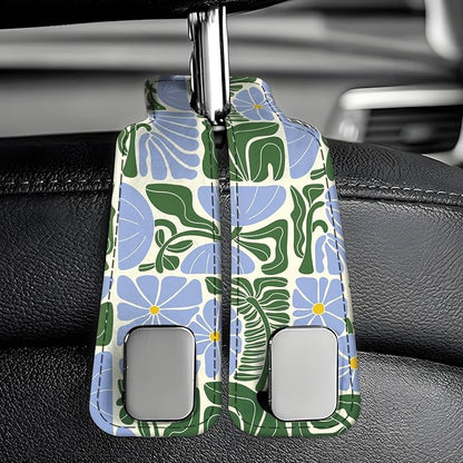 Car Seat Back Storage Headrest Hook, Premium Leather Double Metal Hook, Hanger Storage Organizer for Purse Cloth Bag, Car Interior Accessories Boho Blue Pattern - Image 6