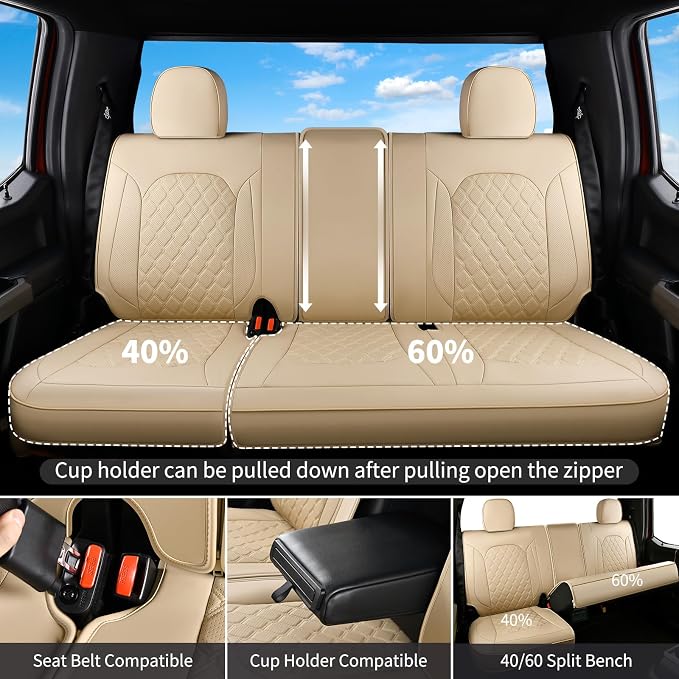 Huidasource F250 Rear Seat Covers, Beige Leather Back Seat Cushion Cover Fit for Ford F150 2015-2026&F250 F350 F450 2017-2026 Crew Cab XL XLT Lariat King Ranch Platinum, Split Rear Seat Cover - Image 2
