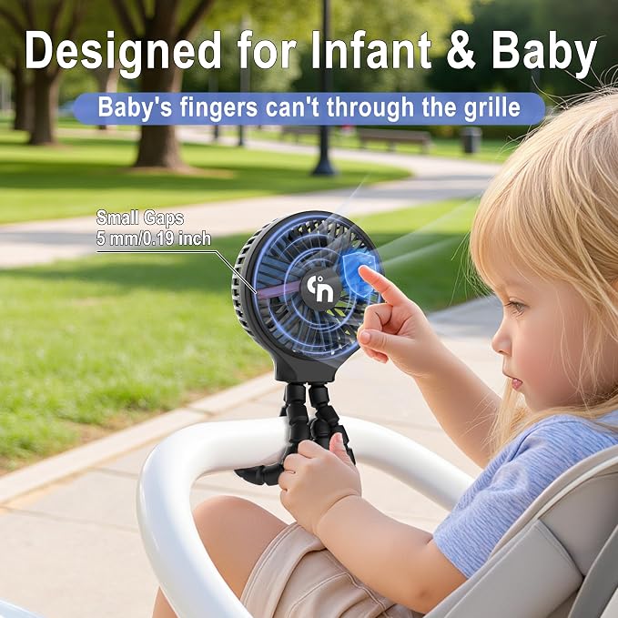 WiHoo Portable Stroller Fan, 10H Ultra-long Battery Life 3 Speed 360°Rotate, USB Rechargeable or Battery Operated Cooling Clip On Personal Fan for Baby Crib Travel Car Seat Black - Image 3