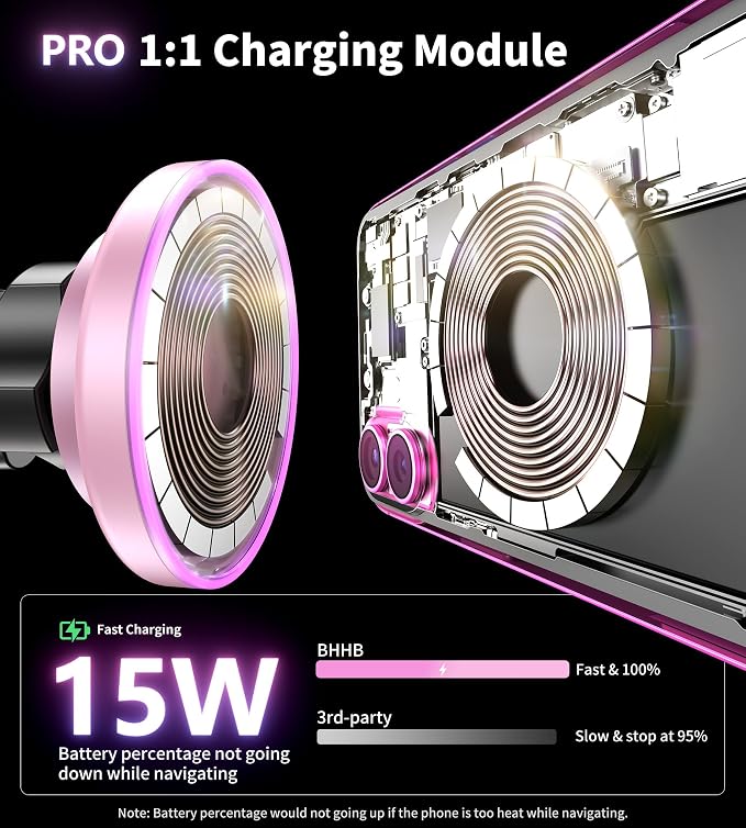 BHHB for Magsafe Car Mount Charger, [2026 Upgrade] 15W 2in1 Magnetic Wireless Car Charger, for Magsafe Car Charger, Vent/Dashboard Phone Holder, ONLY for iPhone 17 16 15 14 13 12 Series (Pink) - Image 4