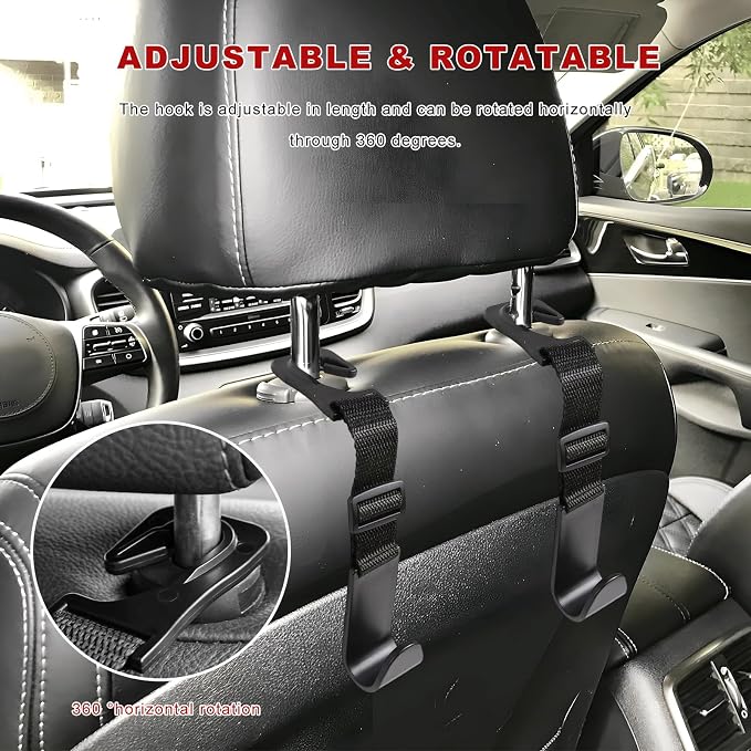 4PCS Car Seat Headrest Hook, Adjustable Vehicle Backseat Hanger Storage Organizer, Universal Seat Back Holder Hooks for Purse Coat Grocery Bag, Car Accessories (Black) - Image 3