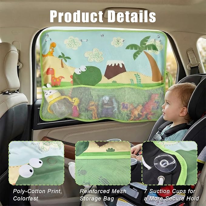 Car Window Shade for Baby, Car Sun Shade Curtain with Storage Pockets & Suction Cups, Cartoon Sun Blocker Blind for Side Windows, Blocks Heat, Privacy Cover for SUV Sedan (Green Dinosaur) - Image 5