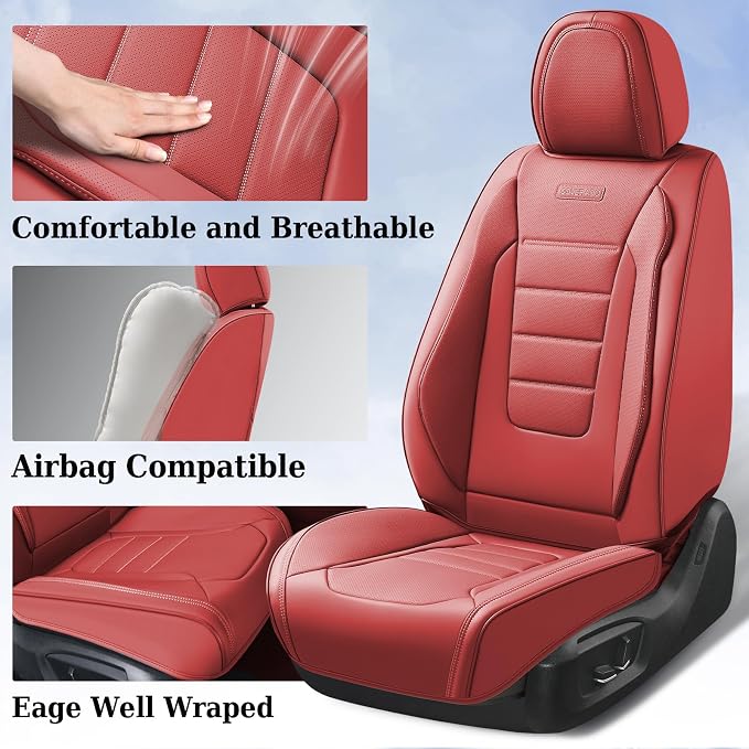 Coverado Car Seat Covers Front, Seat Covers for Cars, Waterproof 2-Pack Car Seat Cushions, Leather Carseat Seat Protectors, Universal Seat Covers Fit for Most Sedans SUV Pick-up Trucks(Red) - Image 4