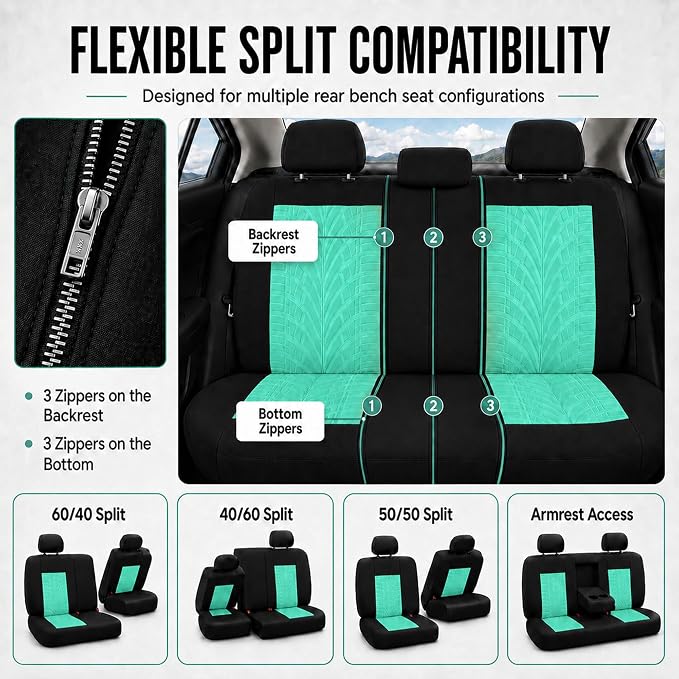 FH Group Full Set Premium Cloth Car Seat Covers - Universal Fit, Low Back Front Seat Covers, Airbag Compatible, Split Bench Rear Seat, Washable Seat Cover for SUV, Sedan, Mint - Image 6