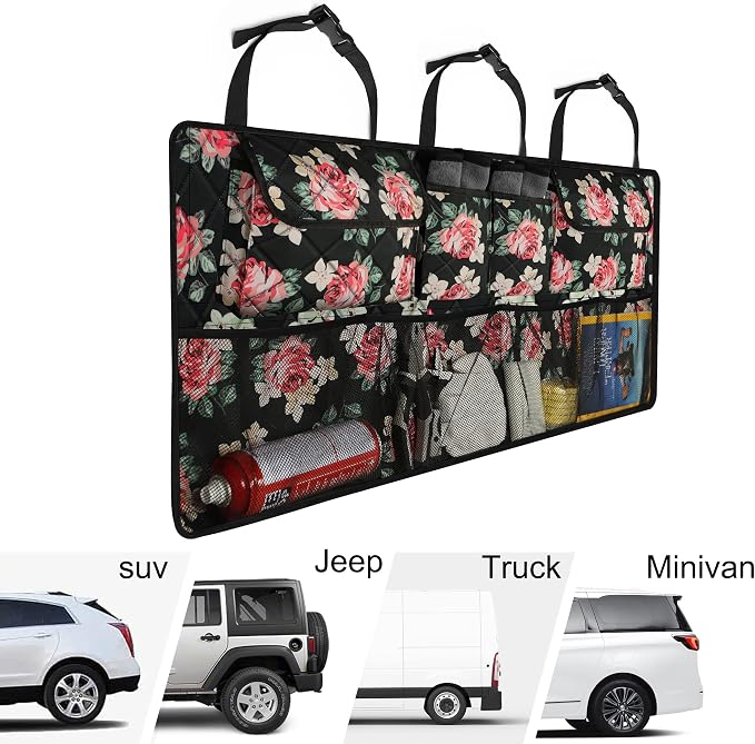 Femuar Car Trunk Organizer,Large Capacity Backseat Trunk Organizer(42"*18"),Collapsible Car Storage Bag with 8 Pocekt,Car Organizer for SUV/MPV/Truck - Floral - Image 6