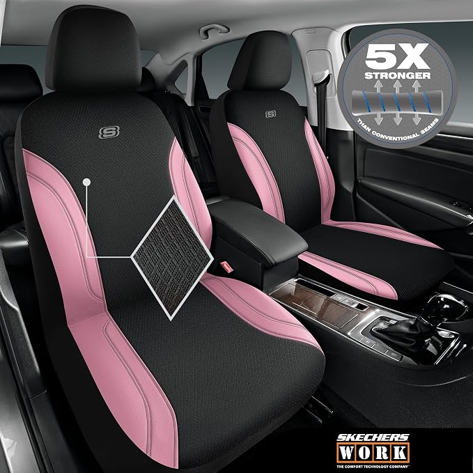 Skechers Work Seat Covers, Leather Seat Covers 5-Times Stronger Built-in Webbing, Oxford Fabric Front Seat Cover, Airbag Compatible, Automotive Comfort for Cars, Trucks, SUVs,Pink - Image 2