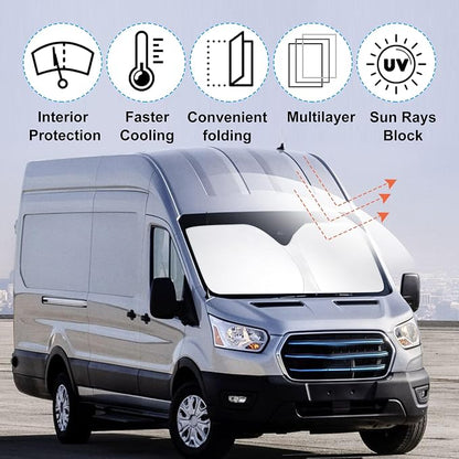 Front Windshield Sun Shade Foldable Car Front Window Sun Shade Windshield Shade Custom Fit for 2022-2026 Ford E-Transit Block UV Rays Car Accessories Heat Keep Cooler - Image 3