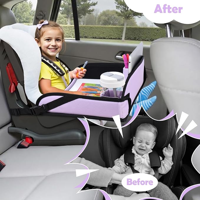 Toddler Car Seat Travel Tray FOR Road Trip Activities, Purple | Kids Carseat Tray With 16.7" x 13.4" Smooth Dry Erase Board, Cup holders, Ddjustable Strap & Shoulder Carry Strap - Image 2