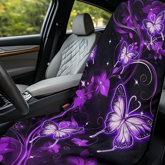 Purple Butterfly Car Seat Towel Cover After Gym for Front Seat Only Galaxy Butterfly Car Seat Cover Protector Stain Resistant Bench Seat Covers with Storage Bag Driver Seat Cushion Cover - Image 3