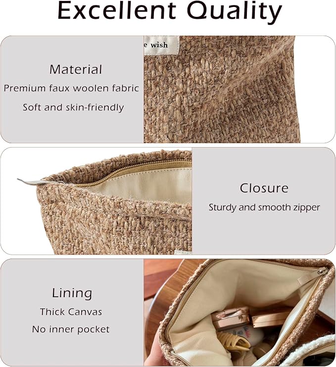 RSRSLEII Travel Woven Woolen Makeup Bag, Vintage Toiletry Bag(04Brown Wool) | Aesthetic Portable Cosmetic Bag with Zipper, Cute Makeup Pouch with Canvas Lining, Car Storage Bag for Women and Girls - Image 4