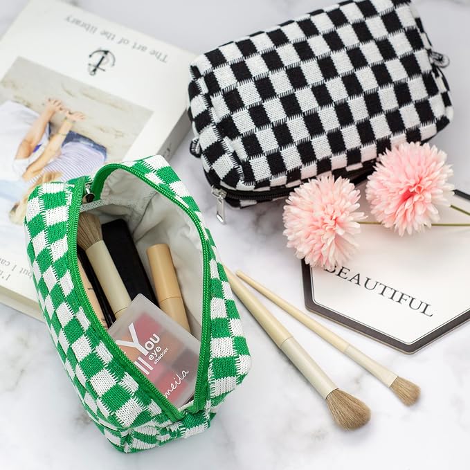 Checkered Makeup Bag for Purse, Small Travel Cosmetic Pouch,Green,6 Pack | Cute Zipper Makeup Organizer for Women, Travel Essentials, Toiletries, Makeup Brushes, Beauty Accessories&Bridesmaid Gifts - Image 2