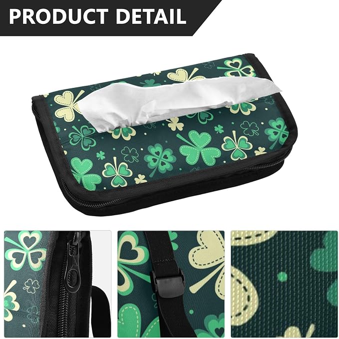 Car Tissue Holder Car Napkin Holder Car Tissue Box Dispenser Storage Case Sun Visor Mask Holder with Adjustable Straps Reusable Refillable Green Clover Leaves - Image 3
