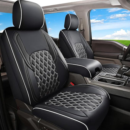 Huidasource F150 Front & Back Leather Seat Covers Accessories Fit for 2015-2026 F150 SuperCrew & 2017-2026 F250 F350 F450 Super Duty Crew Cab XL XLT Lariat King Ranch Platinum(Full Set/Black&White) by Huidasource