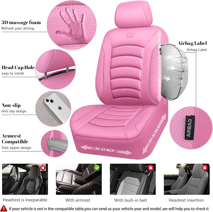 CAR PASS 3D Foam PU Leather Car Seat Covers, Universal Seat Covers Full Sets for Trucks SUV Sedan Automotive Seat Covers Armrest Airbag Compatible Waterproof Comfortable Faux Nappa Leather All Pink - Image 8