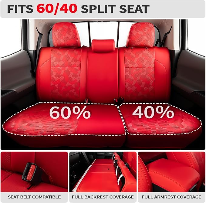 Car Seat Covers for Toyota Tacoma 2016-2023 3rd Gen, Red Camo | Custom Fit Waterproof Leather Car Seat Covers Full Set, Full Coverage Protection, Airbag Compatible, Factory Style Upgrade - Image 2