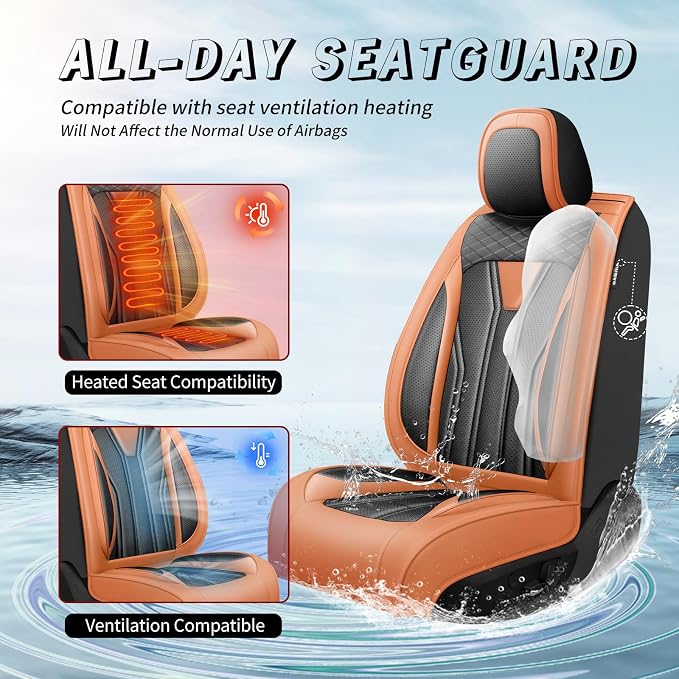 Fit Tacoma Premium Leather Car Seat Covers for Toyota Tacoma 2016-2022 2023 - Waterproof，Breathable，All-Weather Seat Cushion Protecto & Airbag Compatible, Full Set Orange&Black - Image 4