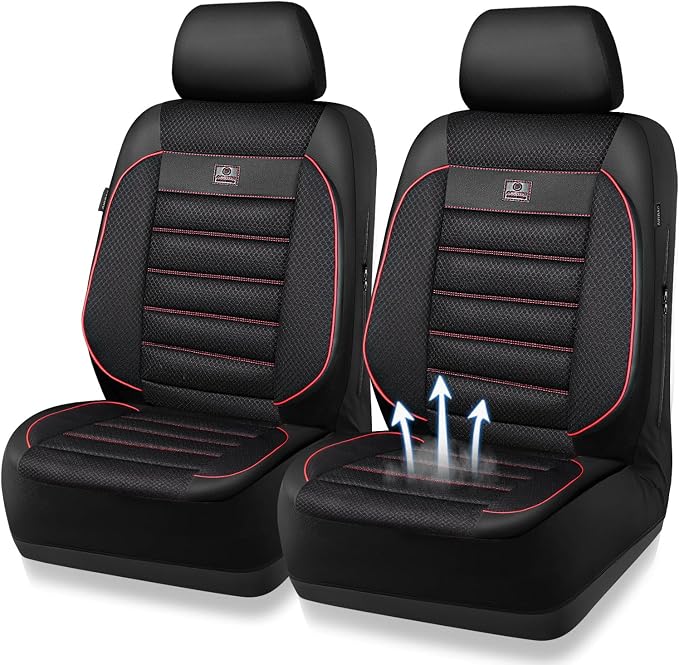 CAR PASS 3D Foam Leather Car Seat Covers Two Front Seats only, Air Mesh Thick Seat Covers, All Weather Car Seat Cover Comfort & Protection for Truck,SUV,Sedan,Van, Airbag Compatible Red - Image 2