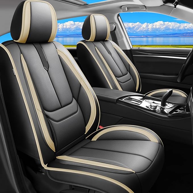 Fit Versa Car Seat Covers for Nissan Versa 2007-2024 2025 2026 -Upgraded Premium Waterproof & Breathable Leather,Airbag Compatible,All-Weather Seat Cushion Protector,Full Set,Black-Beige by Unknown