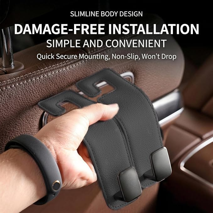 Car Headrest Hook,Premium Leather Back Seat Hanger for Purse & Bags | Solid 40lb metal core,360-degree silent rotation,space-saving hidden folding,durable dual support (2, Black) - Image 5