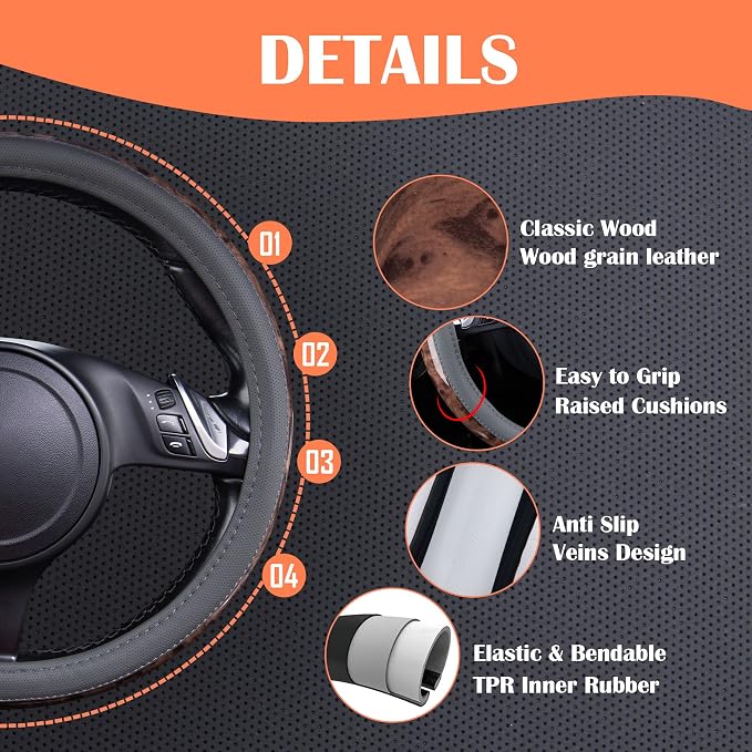 CAR PASS Wood Grain Microfiber Leather Steering Wheel Cover, Universal Fit for 14 1/2-15 inch Gray Steering Wheel, Anti-Slip Veins Design,Cars, Suvs,Minivans, Sedans (Gray) - Image 3