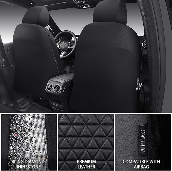 CAR PASS Bling Diamond Leather Car Seat Covers 2 Front Seats Interior Sets, Waterproof Shining Glitter Sparkly Crystal Universal Armrest Fit Automotive Truck SUV Cute Women Girl, Black PU Rhinestone - Image 2