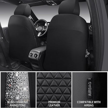 CAR PASS Bling Diamond Leather Car Seat Covers 2 Front Seats Interior Sets, Waterproof Shining Glitter Sparkly Crystal Universal Armrest Fit Automotive Truck SUV Cute Women Girl, Black PU Rhinestone - Image 2