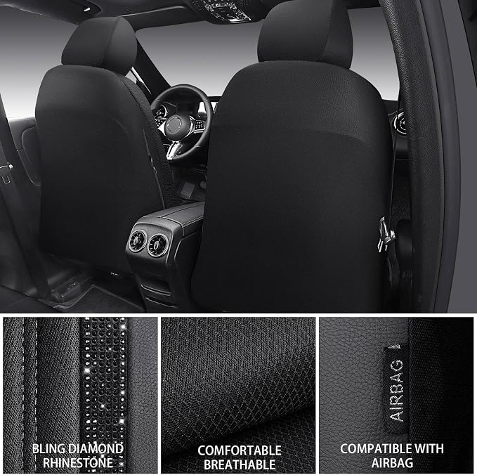 CAR PASS Memory Foam Mesh Bling Diamond Car Seat Cover 2 Front Seats Breathable Soft Sponge Universal Shining Glitter Sparkly Crystal Fit Armrest Automotive Truck SUV Cute Women Girl, Black Rhinestone - Image 4