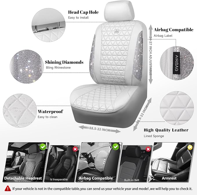 CAR PASS All White Bling Diamond Leather Car Seat Covers Full Sets,Waterproof Shining Glitter Sparkly Crystal Universal Fit for Automotive Truck SUV Cute Women Girl Airbag Compatable,Sliver Rhinestone - Image 3
