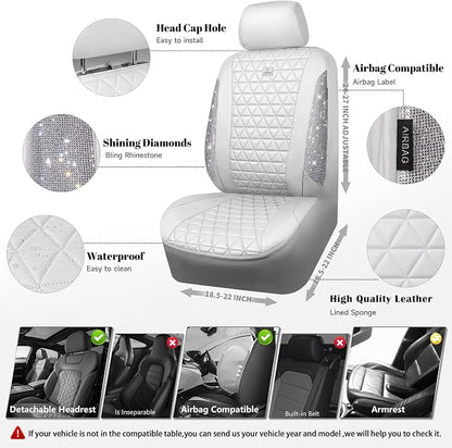 CAR PASS All White Bling Diamond Leather Car Seat Covers Full Sets,Waterproof Shining Glitter Sparkly Crystal Universal Fit for Automotive Truck SUV Cute Women Girl Airbag Compatable,Sliver Rhinestone - Image 3