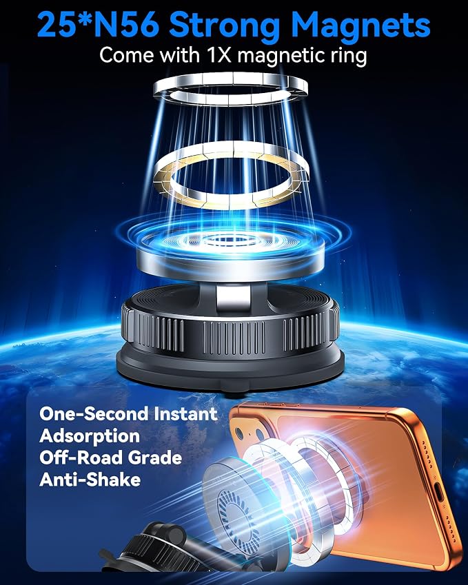 15W MagSafe Car Mount Charger, Magnetic Wireless Car Charger with Vacuum Suction Cup & Nano Adhesive Base, 360° Rotatable Strong Hold Car Phone Mount for iPhone 17 16 15 14 13 12 Series, Samsung S26 - Image 7