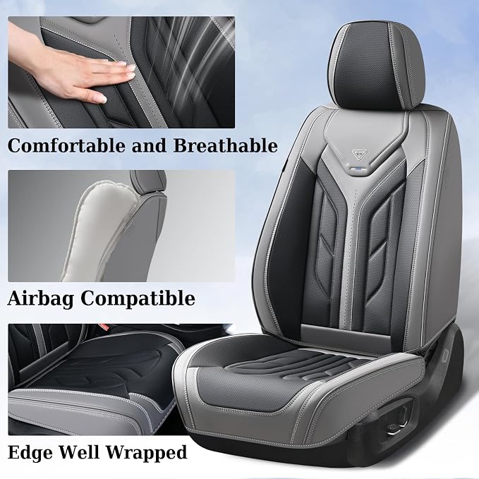Coverado Car Seat Covers Full Set, Automotive Seat Covers Car Seat Protector Car Seat Cushion, Waterproof Leather Seat Covers for Cars, Universal Fit for Most Sedans SUV Pick-up Truck(Gray&Black) - Image 3