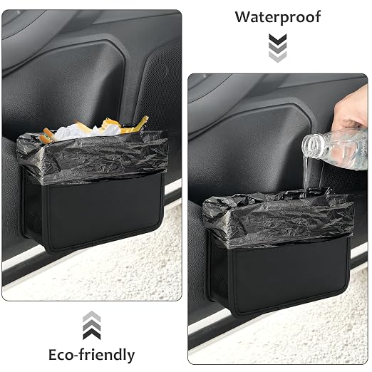 Accmor Collapsible Car Trash Can, Leather Vehicle Garbage Organizer Bin Holder with One Roll Trash Bag, Foldable Hanging Mini Cars Storage Bag Container for Auto, SUV (Black) - Image 2