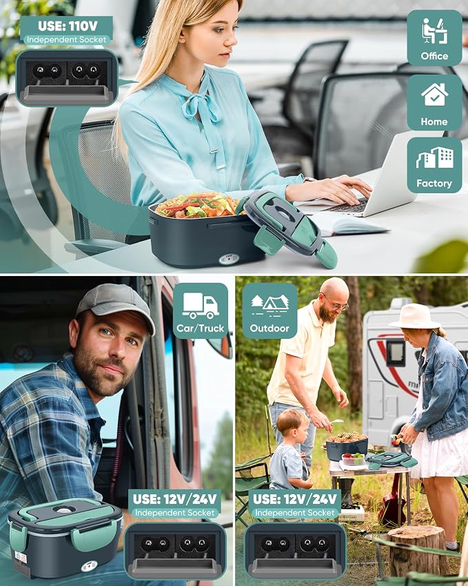 Eocolz Electric Lunch Box Food Heater, Food Warmer 1.5L Portable Heated Lunch Box for Car Truck Work Stainless Steel Fork & Spoon 12/24/110V for Adults Lonchera Eléctrica (gray-blue) - Image 2