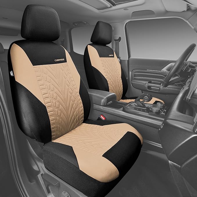 CAR PASS Car Seat Covers Two Front Only for Car, 3D Tyre Print Automotive Interior Covers, Airbag Compatible, Quick Setup Universal Fit Seat Covers for Car, Truck, SUV(Black and Beige) - Image 2