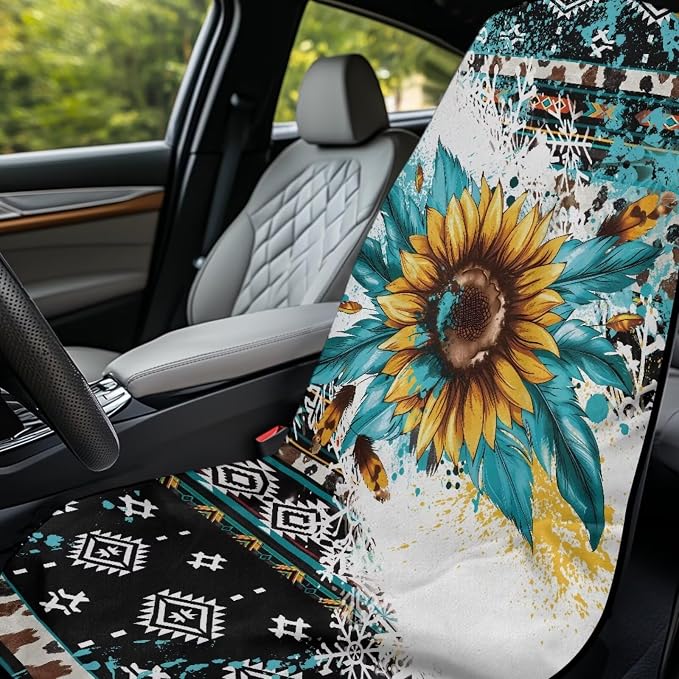 Aztec Sunflower Car Seat Cover Sweat Auto Front Seat Cover with Storage Bag Sunflower Print Car Seat Protector Aztec Tribal Auto Interior Accessories Running Swimming Hiking Universal Towels - Image 3