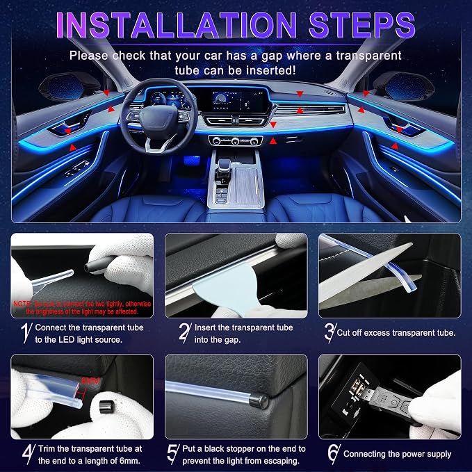 LivTee Smart Car LED Interior Lights with USB Port, LED Strip Fiber Optic Lights, Wireless App and Remote Control, Sync to Music, Car Accessories Gifts for Women and Men, 6 in 1 - Image 5