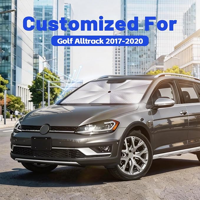 Car Windshield Sun Shade Umbrella for Volkswagen Golf Alltrack 2017-2020 | [Reflective Coated Fabric] Car Shades Sun Visor Keep Car Cool and Protects Interior, 1:1 Exact Fit - Image 2