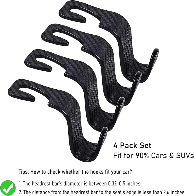 Car Seat Hooks 4 Pack - 55lb Heavy Duty Headrest Hanger, Black | Universal fit for most cars SUVs,Hang purses handbags coats umbrellas grocery bags,ABS plastic,Easy Installation - Image 5