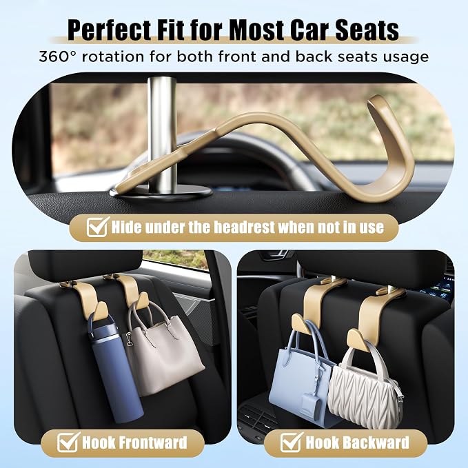 Amooca Car Seat Headrest Hooks 4-Pack Storage Organizer Holds 55 lbs | Universal Fit Most Car/SUV/Truck, Anti-drop, Hanger for Backpack Umbrella Water Bottle Coat Purses Handbags Groceries, Beige - Image 3