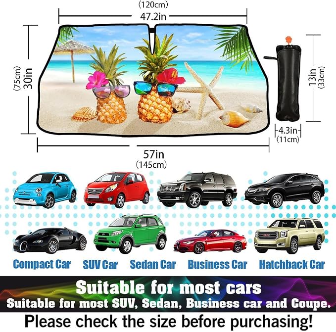 Beach Pineapple Car Windshield Sun Shade Umbrella Automotive Windshield Sunshade Foldable Front Car Accessories Interior Decor to Keep Vehicle Cool for Most Vehicles 57'' X 30'' - Image 2