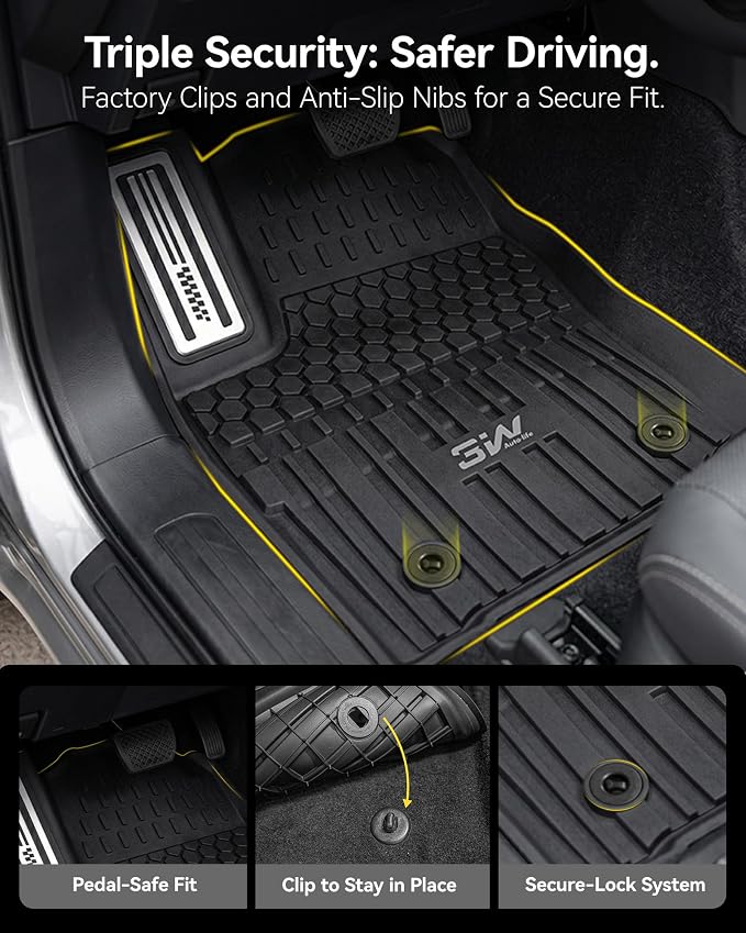 3W Floor Mats for Toyota Tacoma Hybrid 2024-2026 with Metal Pedals | TPE All Weather Custom Fit Liners, 1st & 2nd Row Full Set, Easy Clean, Black - Image 5