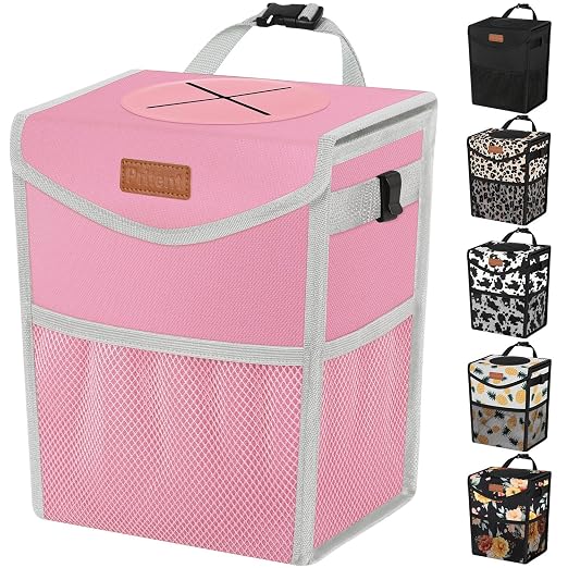 Pritent Car Trash Can with Lid Leakproof Car Garbage Bag Vehicle Trash Bin | Hanging Automotive Garbage Can,Multipurpose Car Accessories for Women Men Interior Car Storage Organizer(2 Gal,Pink) by Pritent