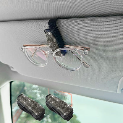 2PCS Glasses Holders for Car Sun Visor, Fashion Bling Crystal Rhinestones Car Eyeglasses Sunglasses Hanger Mount with Ticket Card Clip, Universal Vehicle Visor Accessories for Women Men (Gray) by Unknown
