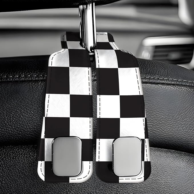 Car Seat Back Storage Headrest Hook, Premium Leather Double Metal Hook, Hanger Storage Organizer for Purse Cloth Bag, Car Interior Accessories Black White Plaid - Image 6