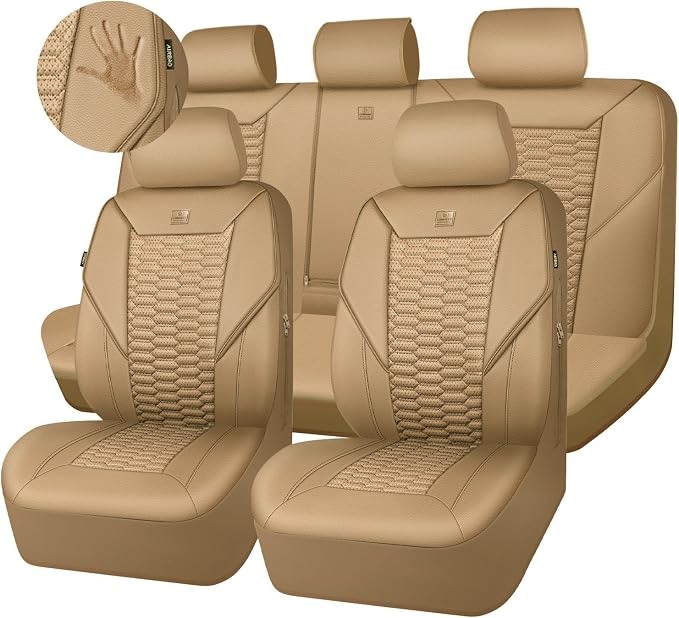 CAR PASS 3D Foam PU Leather Car Seat Covers Full Set,Tan Breathable Faux Leather Seat Covers for Car,Anti Slip Universal Fit for SUVs Vans Sedan Truck Automotive,Armrest Airbag Compatible All Beige by CARPASS