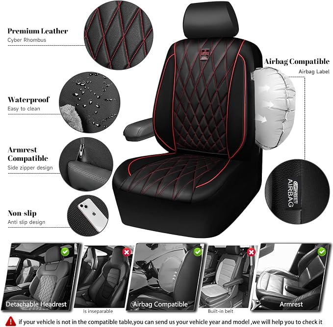 CAR PASS Piping Luxury PU Leather Two Front Car Seat Covers, Waterproof Anti Slip Seat Covers Compatible with Front Seat Armrests,Universal Fit for Suvs,Vans,Trucks,Airbag Compatible(Black and Red) - Image 3
