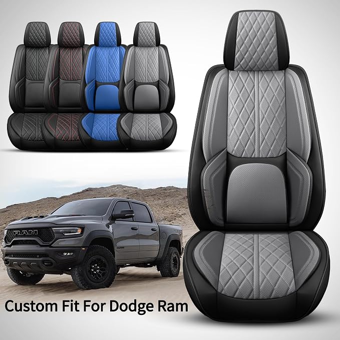 Car Seat Cover Custom Fit for Dodge Ram 1500 2500 3500 2002-2026 Faux Leather Seat Cover Set Compatible with Crew Quad Regular Cab Pickup Truck Cushions (Black & Grey, Full Set, Curved Rear) - Image 2